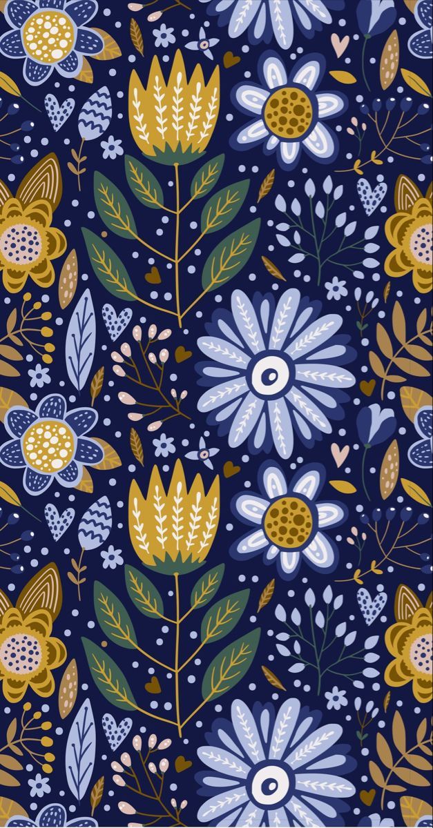 a blue and yellow floral pattern with leaves, flowers and dots on the bottom half of it