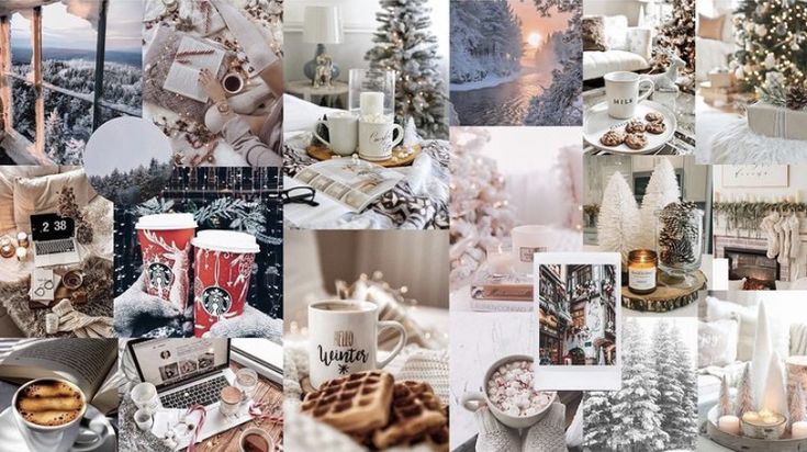 a collage of photos with coffee, cookies and christmas decorations