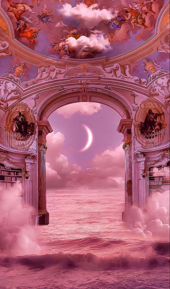 an archway leading to the ocean with clouds and a half moon in the sky above