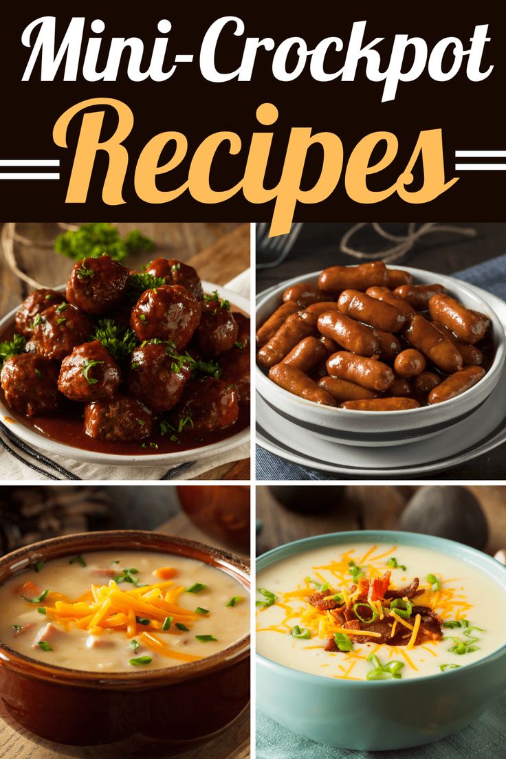 four different pictures with the words mini - crockpot recipes on them and images of food