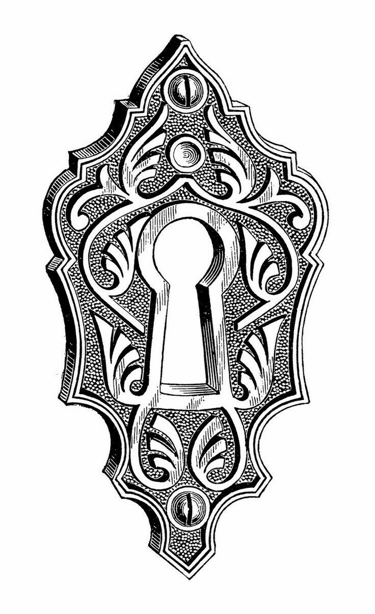 an ornate keyhole in black and white