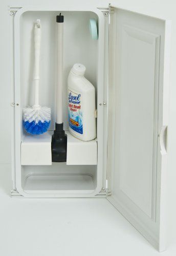 an open white cabinet with cleaning supplies in it