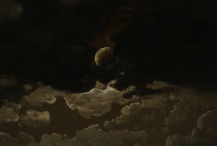 an oil painting of clouds and a half moon in the night sky with dark colors