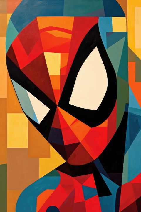 a painting of a spider man with different colors and shapes on it's face