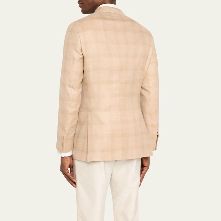 Brioni sport coat in tonal plaid Notched lapels Two-button closure Chest welt pocket Side flap pockets Unfinished sleeves Double-vented back Cashmere/silk Made in Italy Brioni Men, Mens Cashmere, Bergdorf Goodman, Sport Coat, Flap Pocket, Welt Pocket, Tops Designs, Cashmere, In Italy