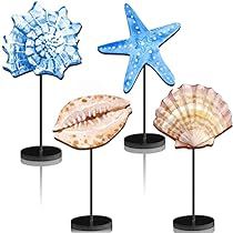 three seashells and one starfish are on stands