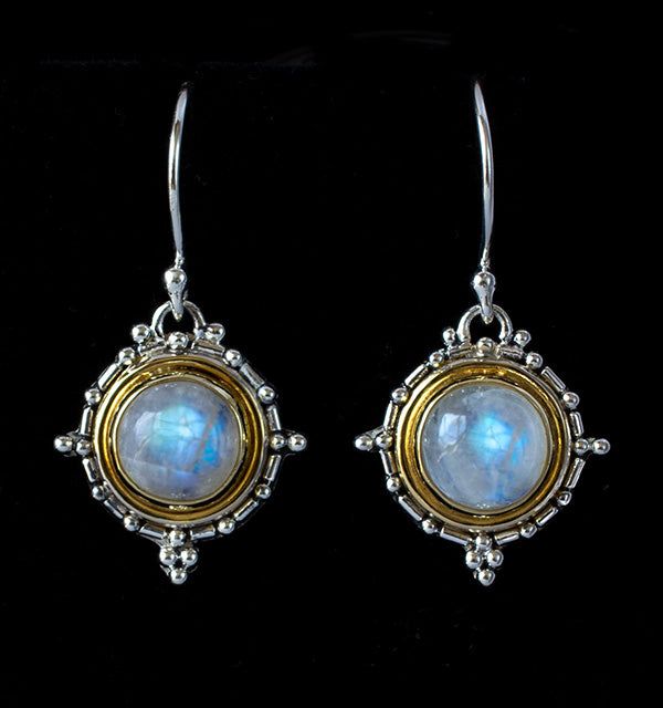 Sterling Silver & Gold Rainbow Moonstone Earrings Balinese Style, Moonstone Gemstones, Moonstone Drop Earrings, Rainbow Moonstone Jewelry, 18k Gold Earrings, Ancient Jewelry, Moonstone Earrings, Moonstone Jewelry, Coin Jewelry