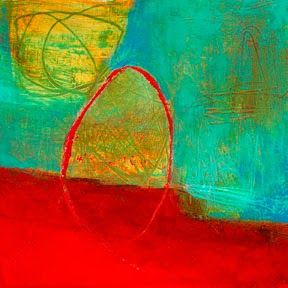 an abstract painting of a basket and ball in red, green, yellow and blue