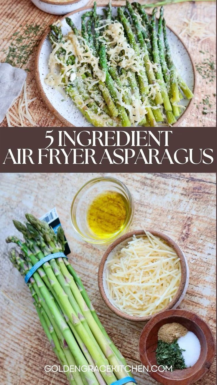 asparagus, parmesan cheese and other ingredients are arranged on the table