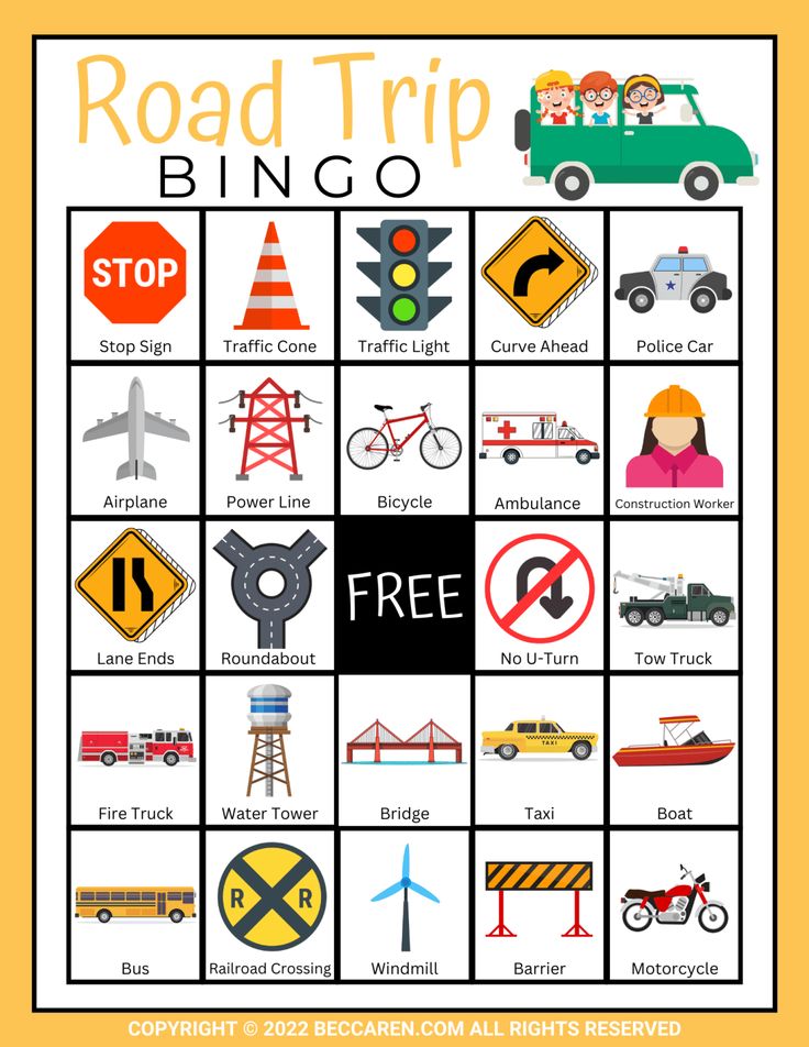 a road trip game with cars, trucks and traffic signs on the grids for kids to play