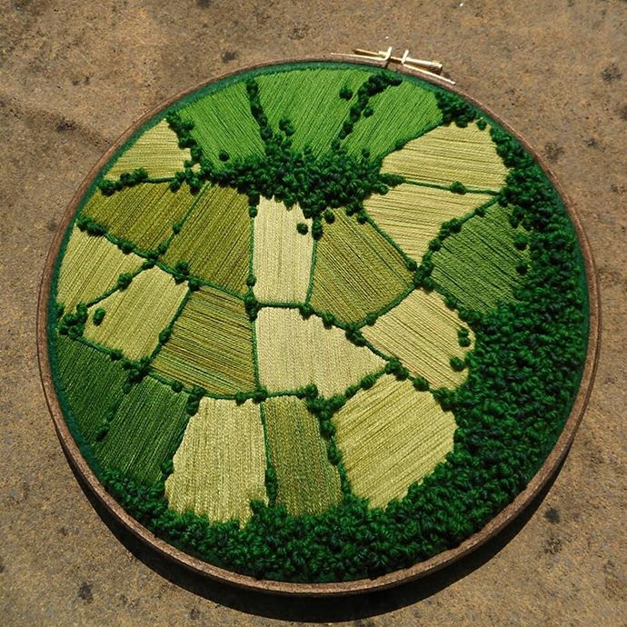 a patch of grass is shown in the shape of an earth map on a table