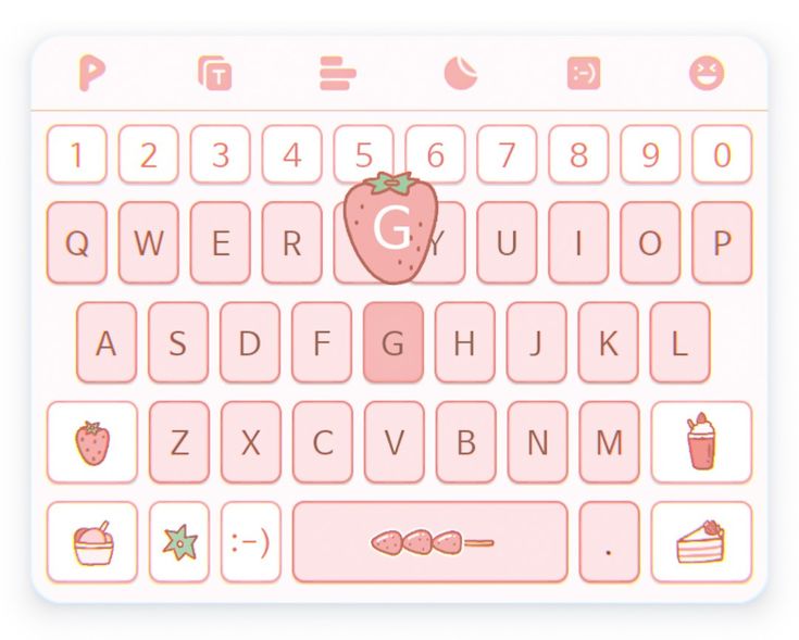 a pink keyboard with an image of a strawberry on the top and letters below it