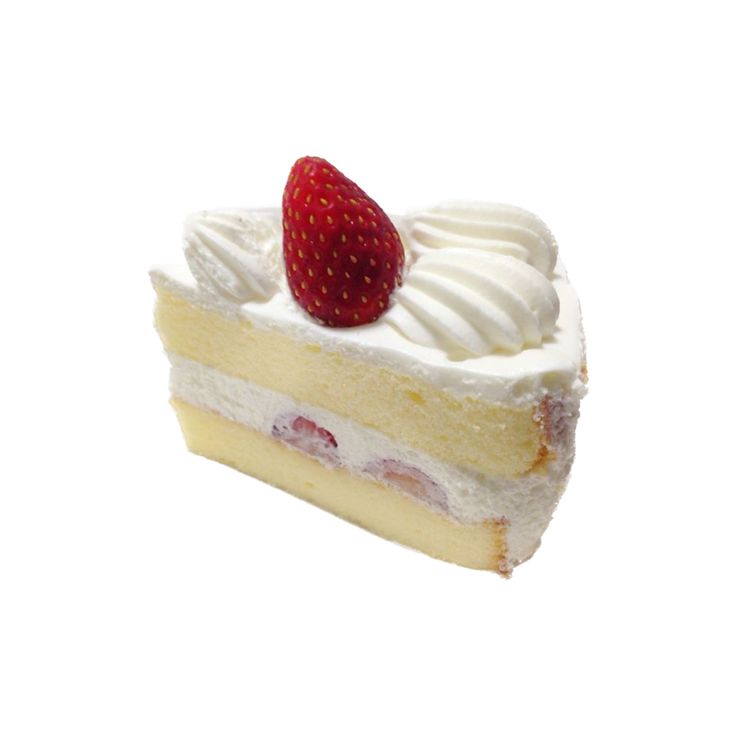 a piece of cake with white frosting and a strawberry on top, sitting in front of a white background