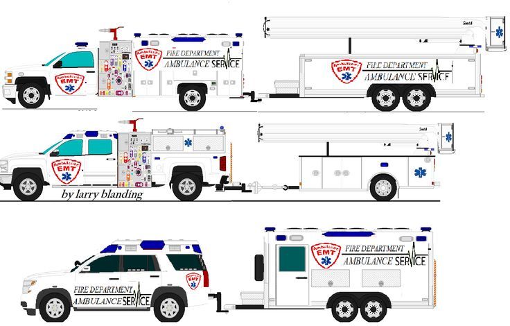 three different types of emergency vehicles are shown in this drawing, one is white and the other is blue