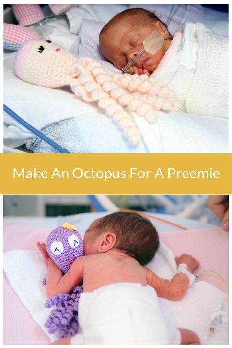 two pictures with the words make an octopus for a preemie and a baby holding a stuffed animal