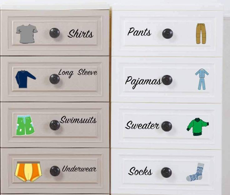 the drawers are labeled with different types of shirts and pants, but not all have names on them