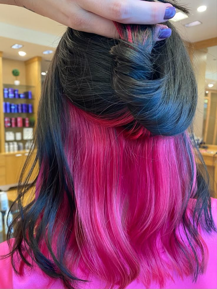 Hot Pink Peek A Boo Hair, Peeks Boo Hair, Hot Pink Peak A Boo Hair, Blue And Pink Peekaboo Hair, Neon Pink Underneath Hair, Pink Hair Peak A Boo, Peak A Boo Pink Hair, Black Hair With Pink Peekaboos, Pink Under Black Hair