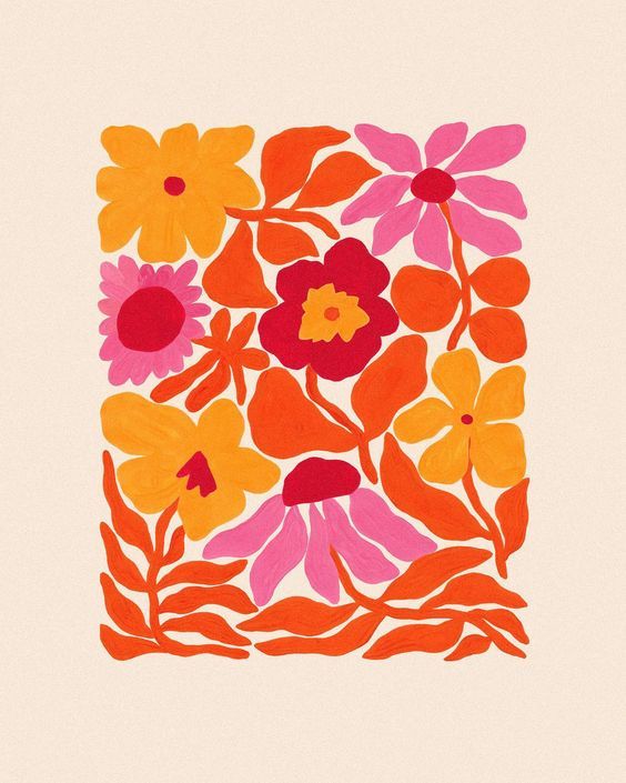 an orange, pink and yellow flowered square on a beige background with red leaves