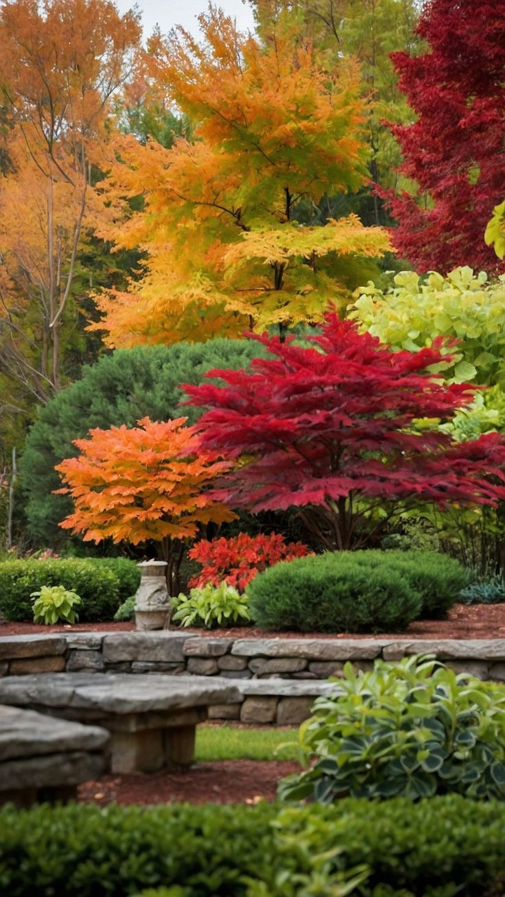 colorful trees and shrubs in a park with stone benches on either side, surrounded by shrubbery