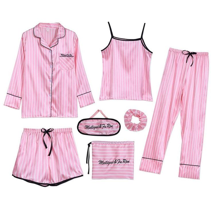 Sweet Cute Nightwear  7 Pieces Pyjama Set Cute Nightwear, Goodnight Sleep, Silky Pajamas, Womens Ripped Jeans, Womens Pjs, Pyjama Satin, Pyjamas Set, Pyjamas Womens, Healing Yoga