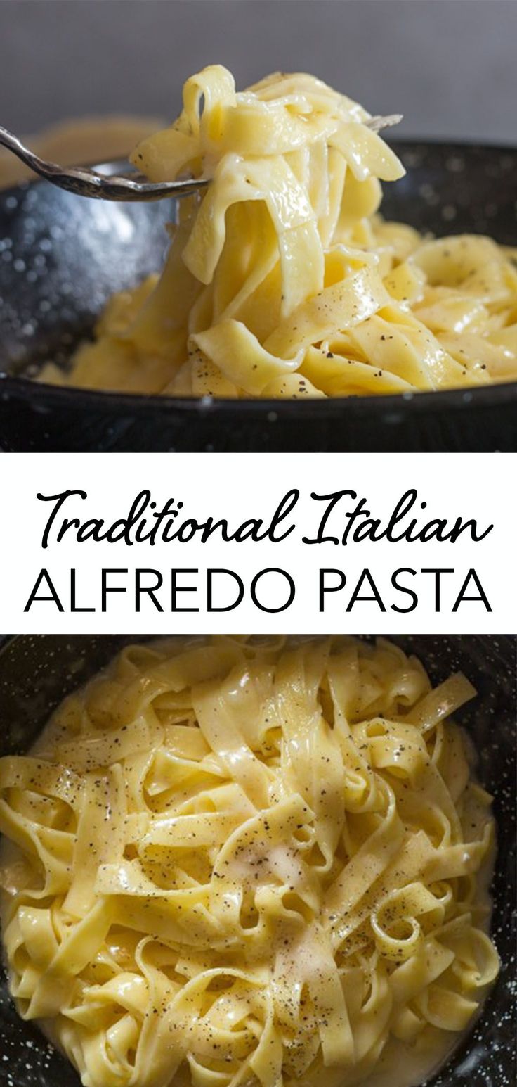 two pictures with the words traditional italian alfredo pasta