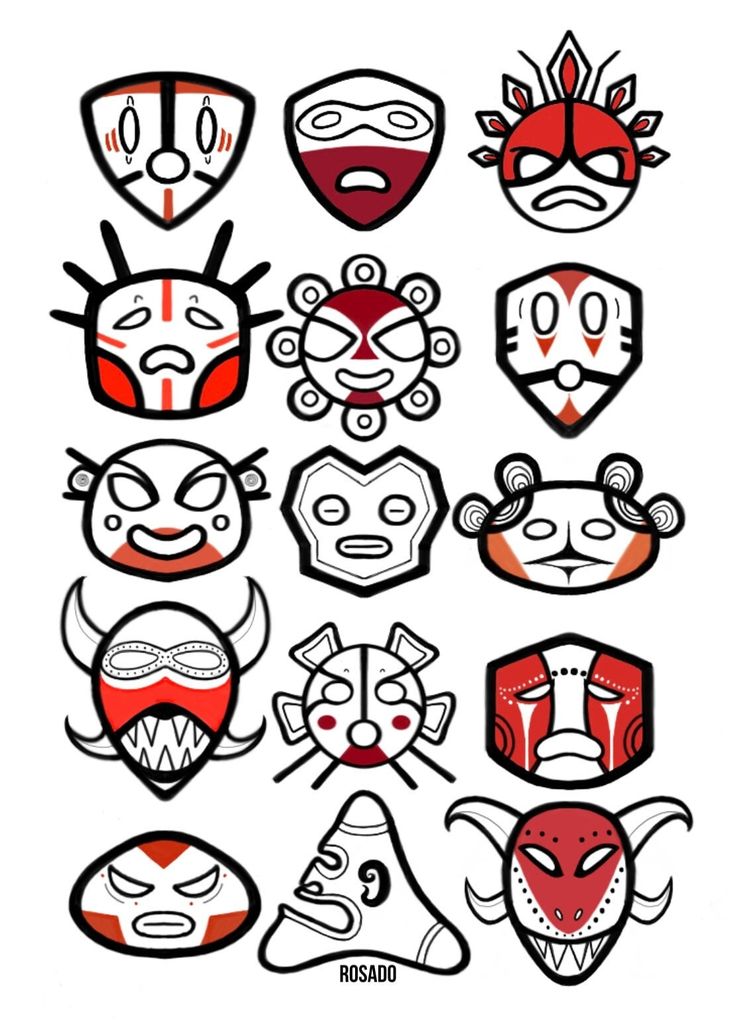 a bunch of masks that are drawn in black, red and white on a white background