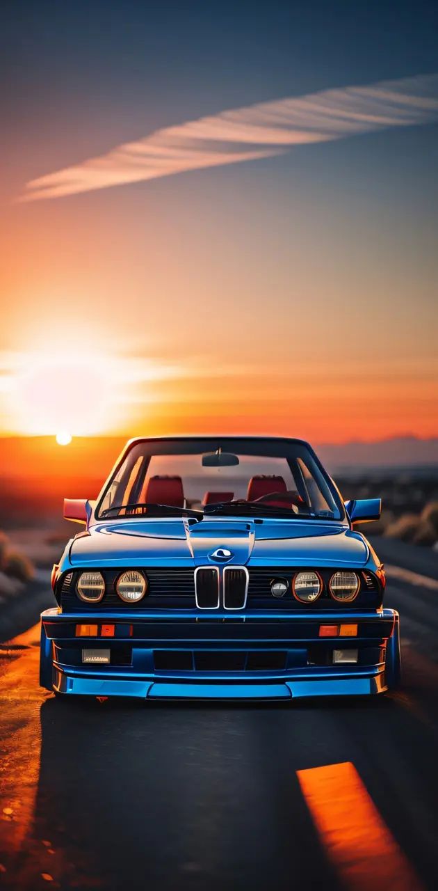 a blue car driving down a road at sunset