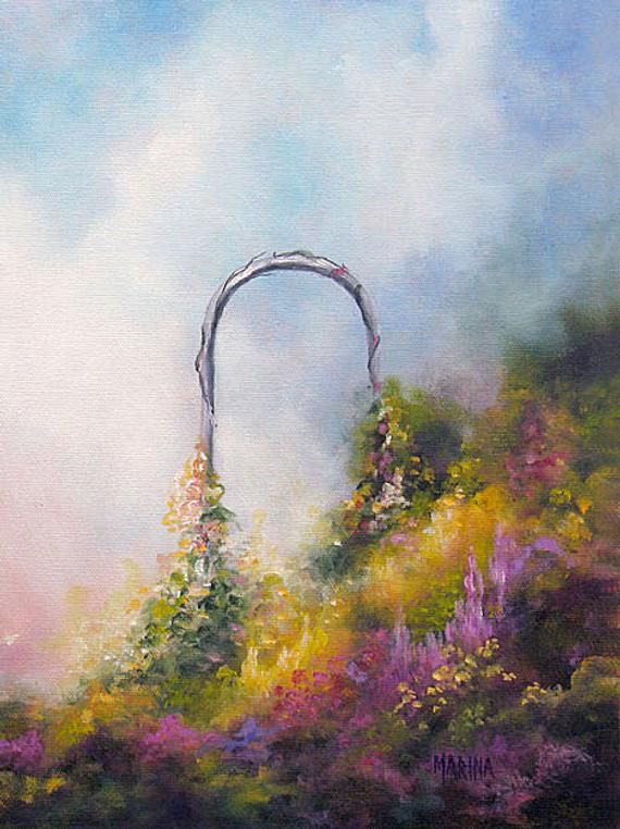 a painting of an arch in the middle of a field with purple flowers and trees