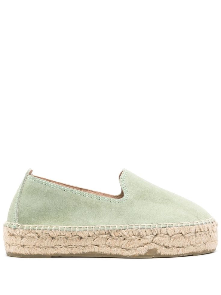 sage green calf suede round toe debossed logo to the rear branded insole braided raffia sole rubber outsole slip-on style Espadrilles Slides, Versace Outfit, Chanel 2, Summer Beach Wear, Boots And Sneakers, Pump Sandals, Flat Boots, Espadrille Shoes, Ballet Flat Shoes