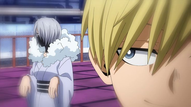 an anime character with blonde hair and blue eyes looks at another character in the background