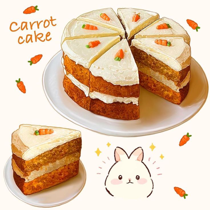 carrot cake with white frosting on two plates next to an illustration of a rabbit