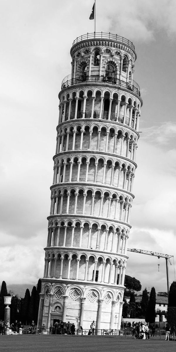 black and white photograph of the leaning tower