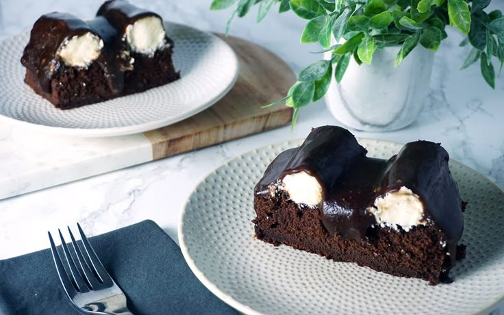 a piece of chocolate cake on a plate with a fork next to it and a potted plant in the background