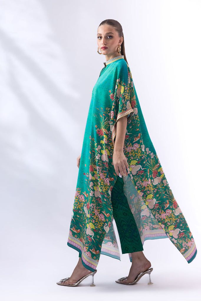 Catalina – Sania Maskatiya International Blue Printed Palazzo Set For Summer, Bohemian Green Palazzo Set With Printed Motifs, Summer Blue Palazzo Set With Printed Motifs, Silk Palazzo Set With Printed Motifs For Summer, Spring Silk Kaftan With Printed Motifs, Silk Floral Print Sets For Summer, Green Bohemian Palazzo Set With Floral Print, Spring Printed Viscose Sets, Green Silk Palazzo Set For Summer