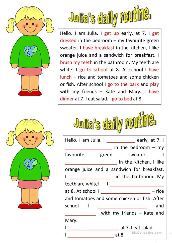 two children's worksheets with the words julia's daily routine