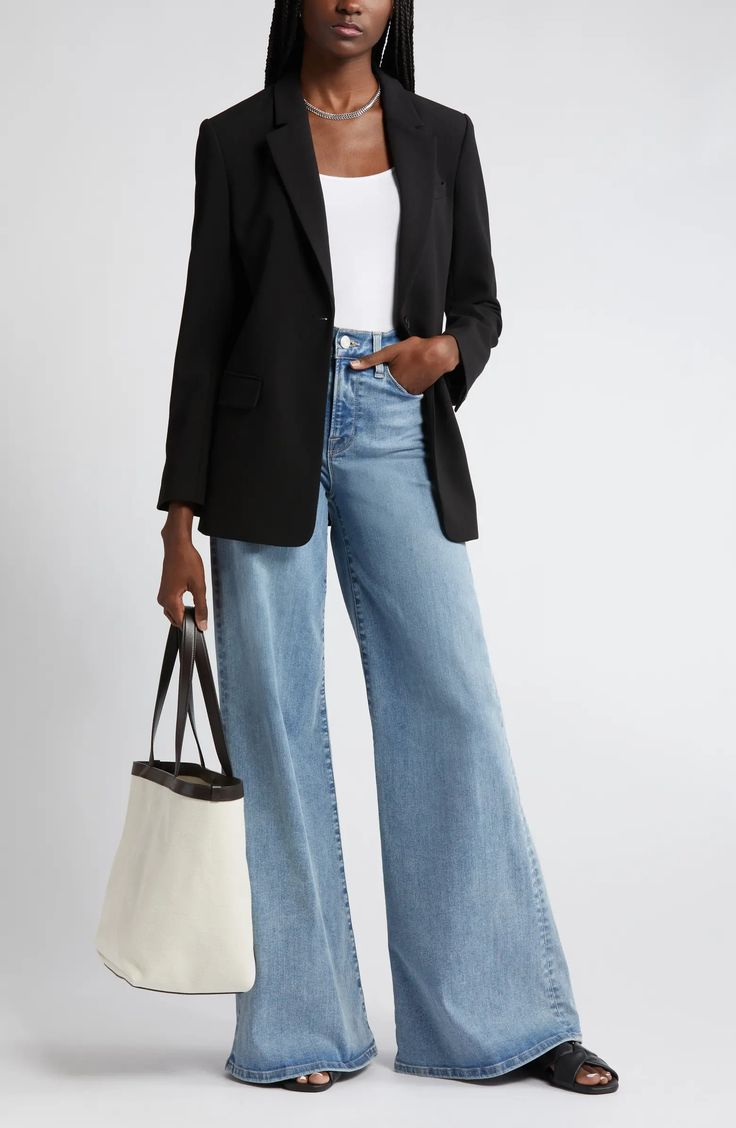 Black Blazer Outfit Summer, How To Style Wide Leg Trousers, Fitted Blazer Women, Midsize Work Outfits, Business Casual Outfits Jeans, Spring Business Casual Outfits, Dress Code Outfits, Blazer Look, Dress Code Casual