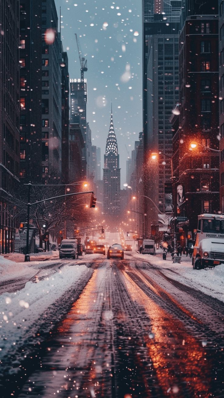 a city street is covered in snow during the day