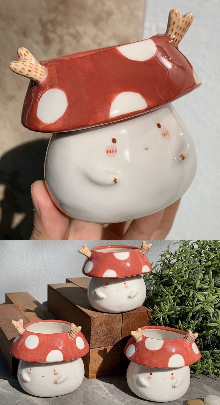 there is a mushroom shaped vase in the shape of a face and four other pots