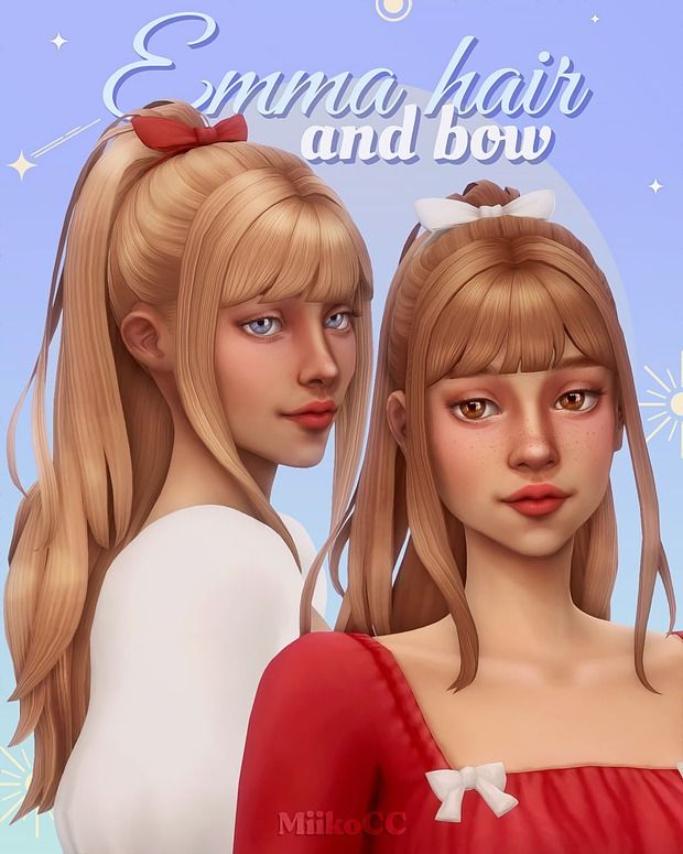 Emma hair & bow | Patreon Long Ponytail Hairstyles, Sims 4 Cas Mods, Sims 4 Anime, Pelo Sims, Sims 4 Cc Shoes, Sims 4 Mm Cc, Sims 4 Dresses, Sims 4 Characters, Sims 4 Mm