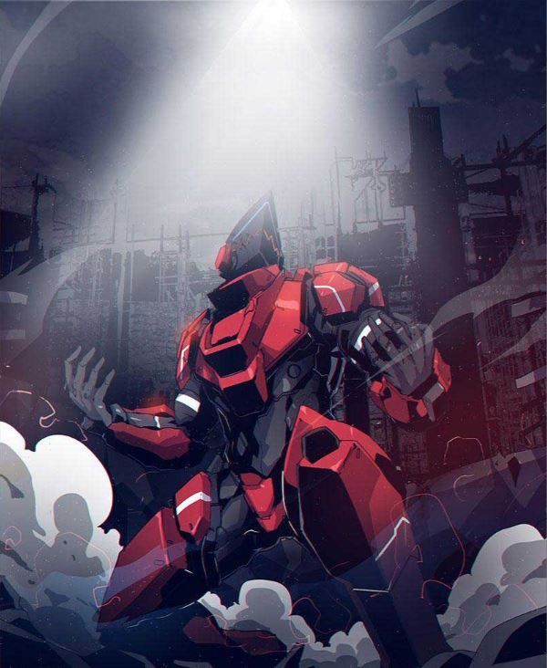 a red and black robot standing in the middle of clouds with his arms outstretched up