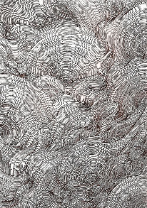 an abstract drawing of wavy hair in grey and white colors, with the top part of it