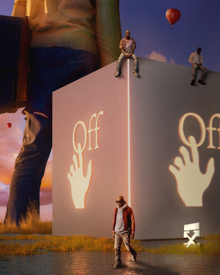 two people standing on top of a large white box with hands projected on it's sides