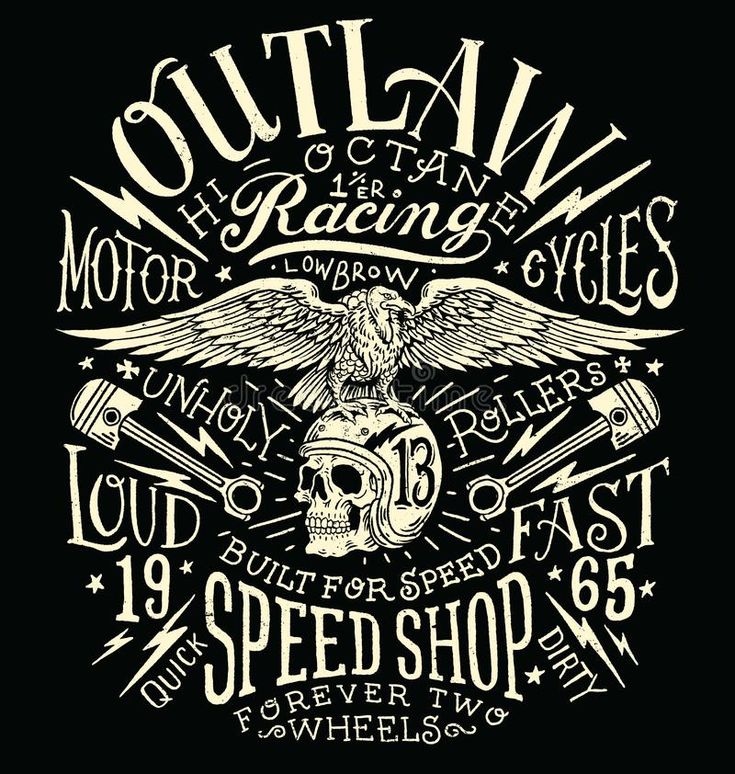 an old style motorcycle shop emblem with skull and wings on black background for t - shirt print