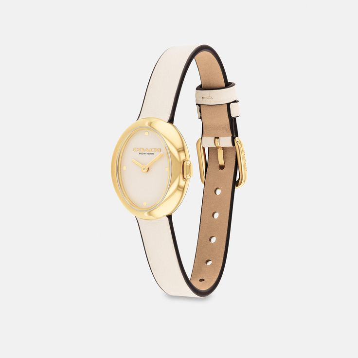 Designed with a modern minimalist sensibility the Sammy is a refined timepiece perfect for everyday. Finished with a leather strap this gold tone watch features a lacquer dial detailed with polished gold tone markers. | Coach Sammy Watch, 22 Mm - Women's - Chalk Coach Watch, Small Watch, Large Wallet, New Handbags, Belt Bag, Modern Minimalist, Time Piece, Chalk, Leather Straps