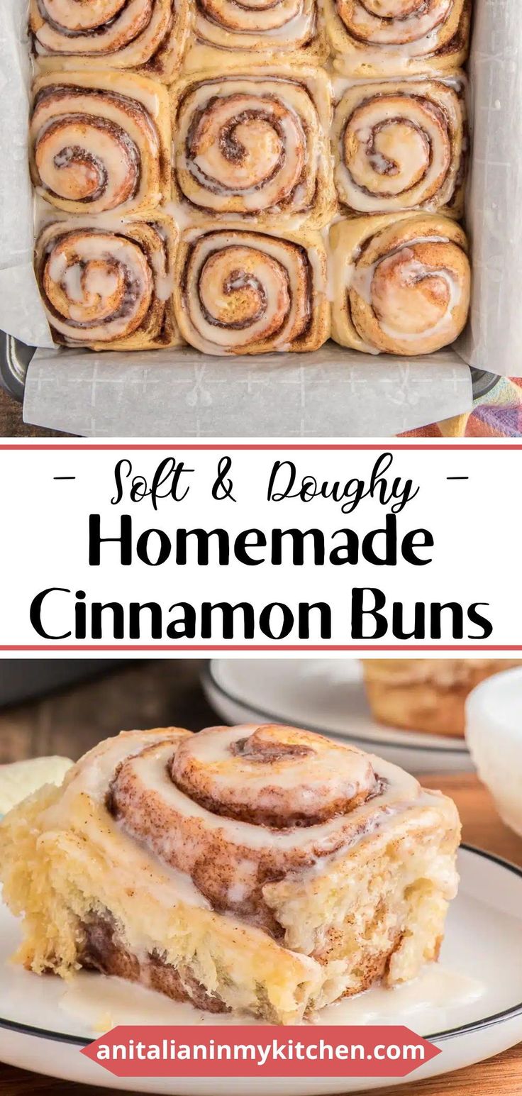 cinnamon buns in a baking pan with text overlay that reads soft and doughy homemade cinnamon buns