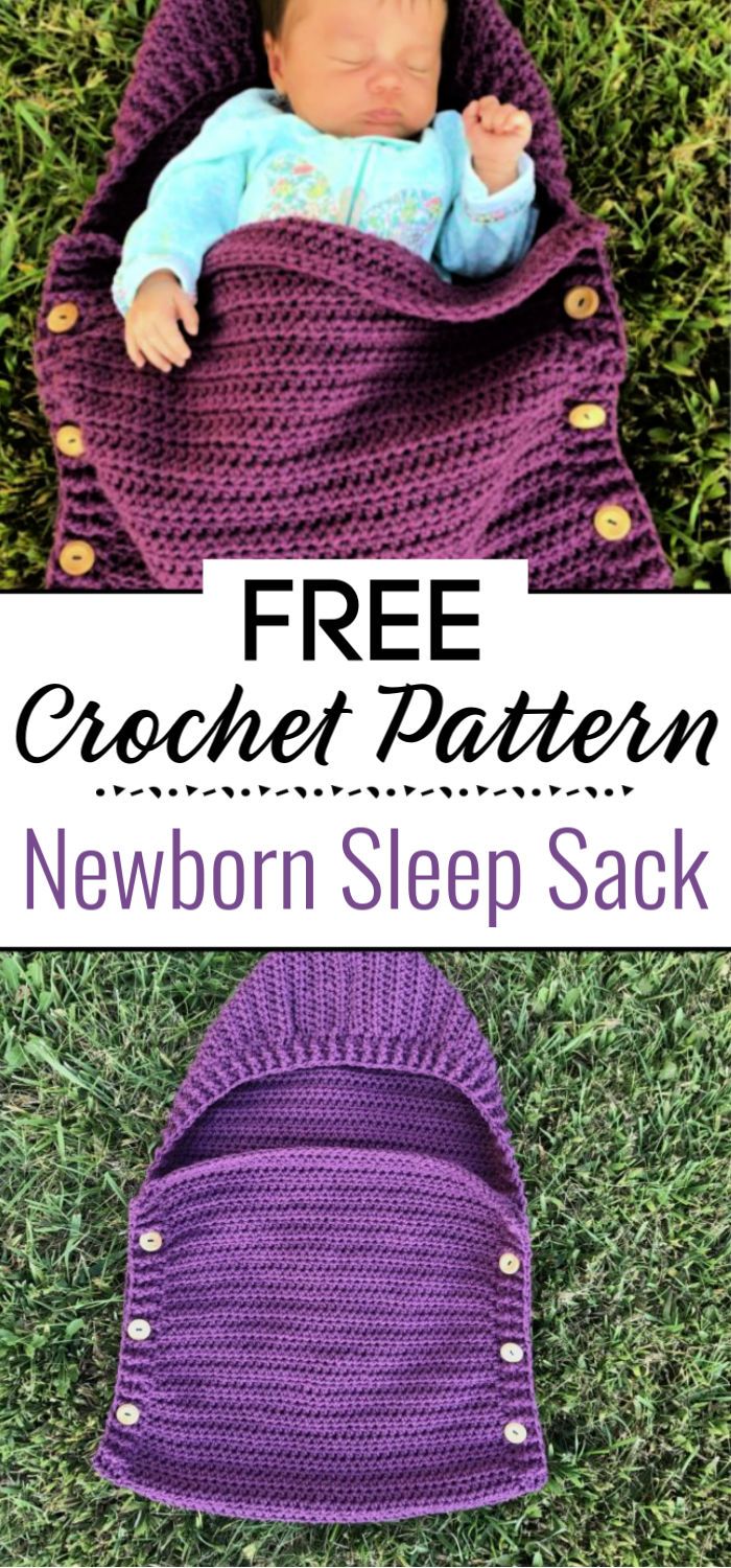 a baby sleeping in a purple crochet blanket with text overlay that says free crochet pattern newborn sleep sack