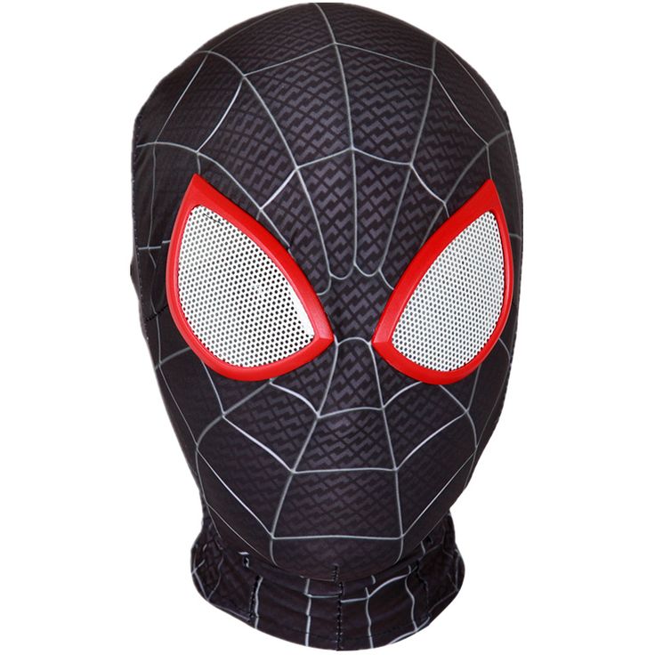 a spider man mask with red eyes on it's face and the head is made out of black material