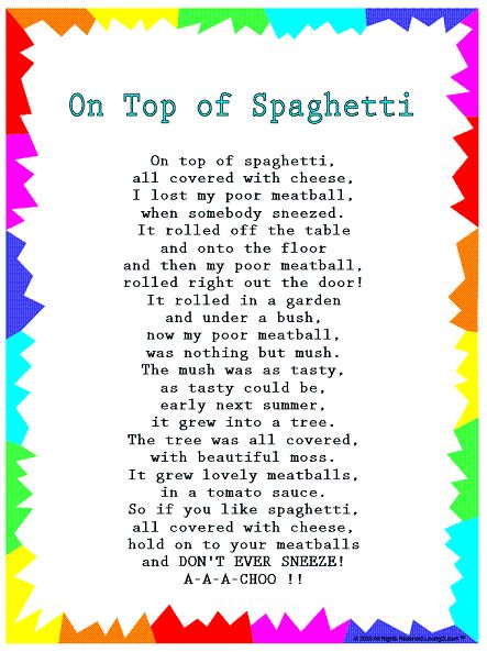 the poem on top of spaghettitti is shown in rainbows and white text, with colorful