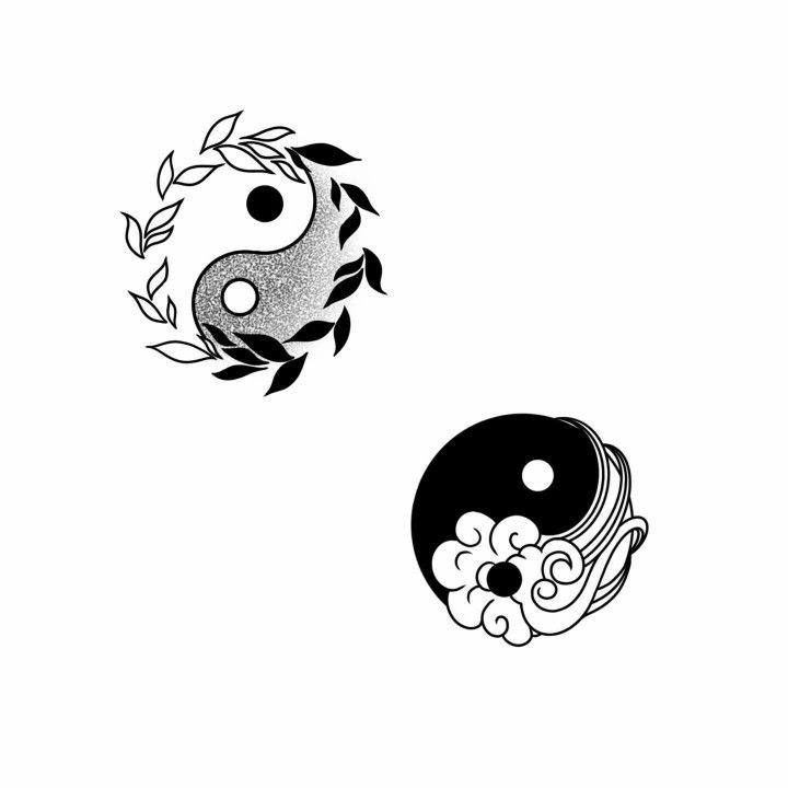 two black and white yin - yang symbols on a white background, one with leaves