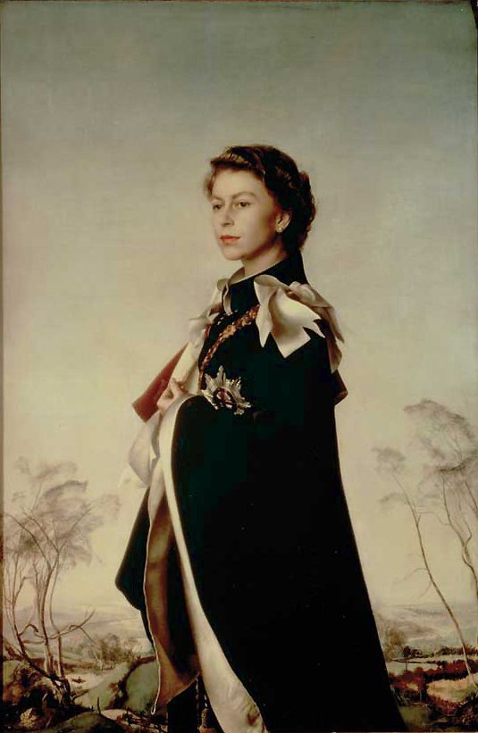 a painting of a woman in a black dress and white collared coat with trees in the background